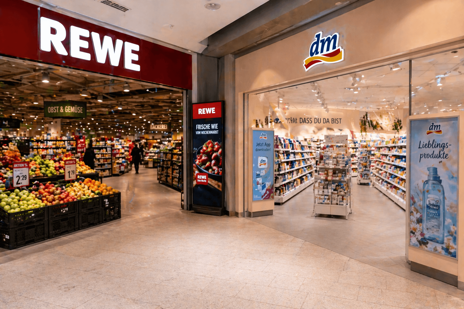 A map-style visualization of the German retail landscape: three large dominant nodes — EDEKA, REWE, and Schwarz Group (Lidl/Kaufland) — command the centre with connecting lines showing market dominance. On the digital layer above, campaign signals (TikTok, Meta, Google) flow downward but lose connection before reaching the retail nodes. A GDPR shield icon sits between the two layers. Dark background, gold and cream — Veinera's visual system.