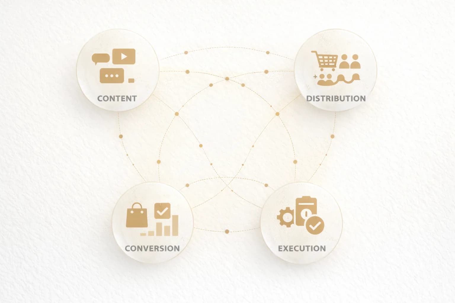 Layered architecture diagram showing four horizontal bands — Content Response (L1), Distribution Quality (L2), Conversion Behavior (L3), Execution Flow (L4) — with vertical signal lines crossing between them, rendered in Veinera's dark, gold, and cream palette.