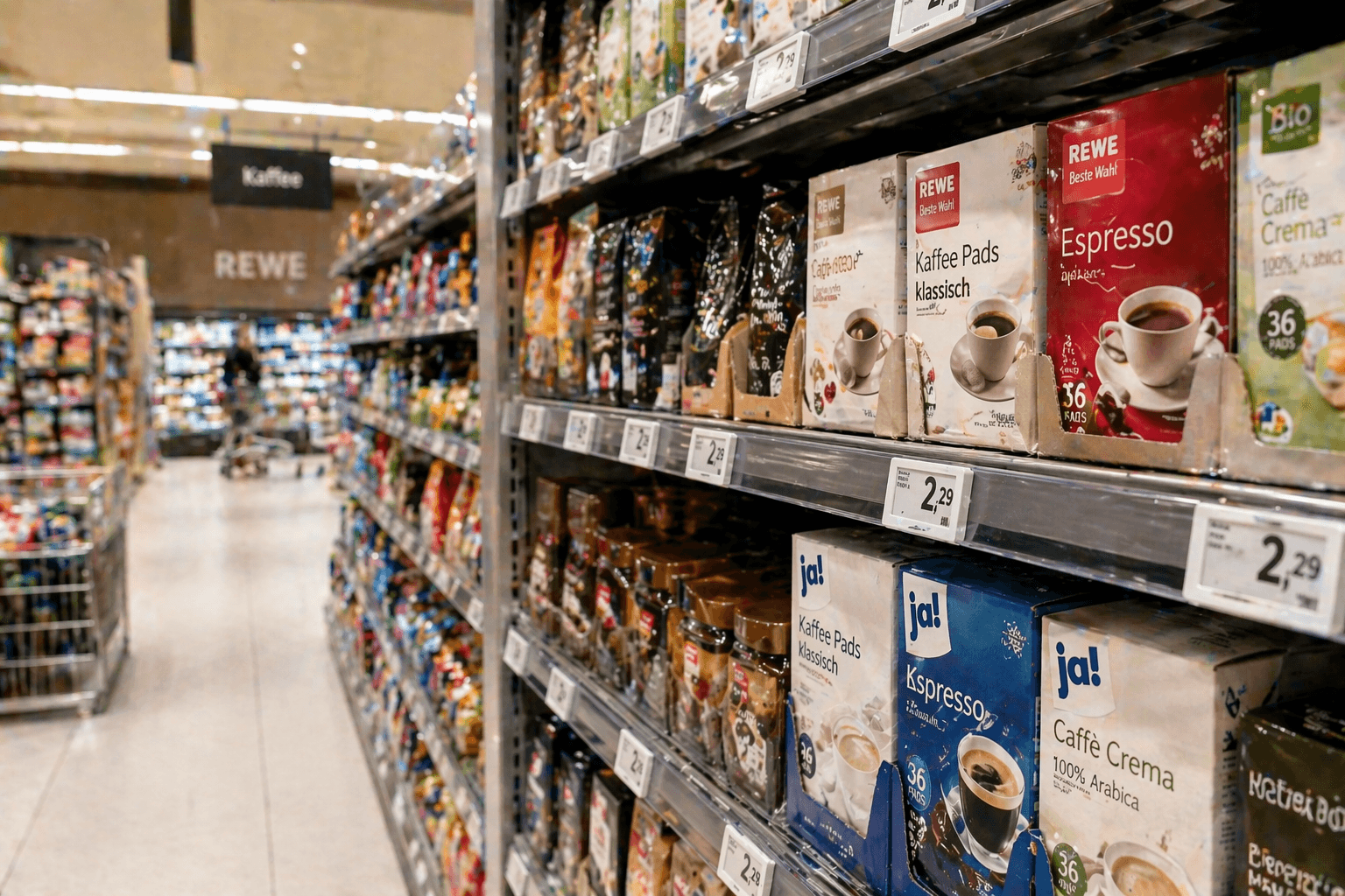 An abstract visualization of the shelf decision moment: a consumer faces two products side by side — a branded product (gold, well-lit, with campaign signal threads flowing from digital media above) and a private label alternative (cream, retailer-backed). The campaign signals from the brand reach the consumer but the connection between those signals and the shelf choice outcome is broken — no measurement thread connects campaign to decision. Dark background #1A1710, gold #C8A458, cream #EDE8D8.