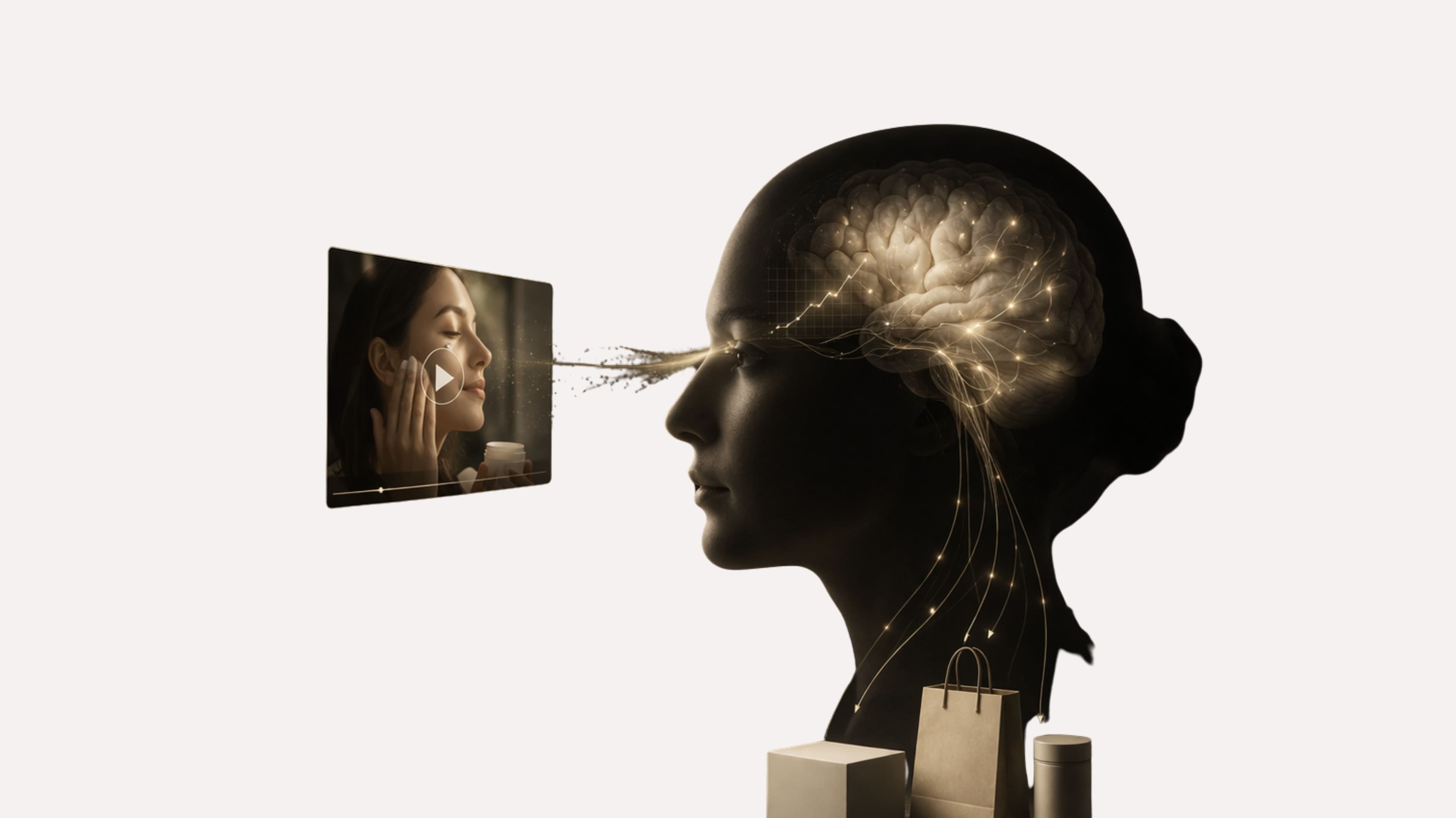 An abstract visualization showing a retail media network as a bright, well-lit loop on the right — campaign signals entering at the top, flowing through a retailer's platform, connected back to purchase data at the bottom. On the left, the brand's full campaign portfolio (TikTok, Meta, TV, creator content, outdoor) flows toward the same consumers but connects to nothing — the signals disperse. Dark background #1A1710, gold #C8A458 for the closed retail loop, cream #EDE8D8 for the disconnected brand signals.
