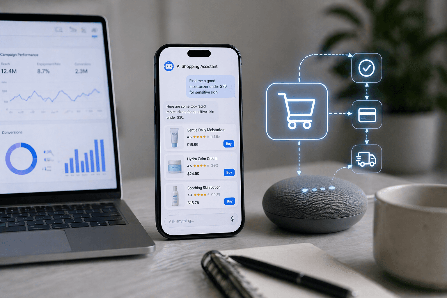 An abstract visualization of the agentic commerce chain: on the left, a campaign signal (TikTok creator content, Meta ad, brand campaign) enters a human consumer who becomes aware and interested. In the middle, an AI agent icon intercepts — evaluating structured product data, review patterns, inventory signals, pricing — and passes a filtered recommendation forward. On the right, a sell-through outcome at physical retail. Dark background #1A1710, gold #C8A458, cream #EDE8D8.